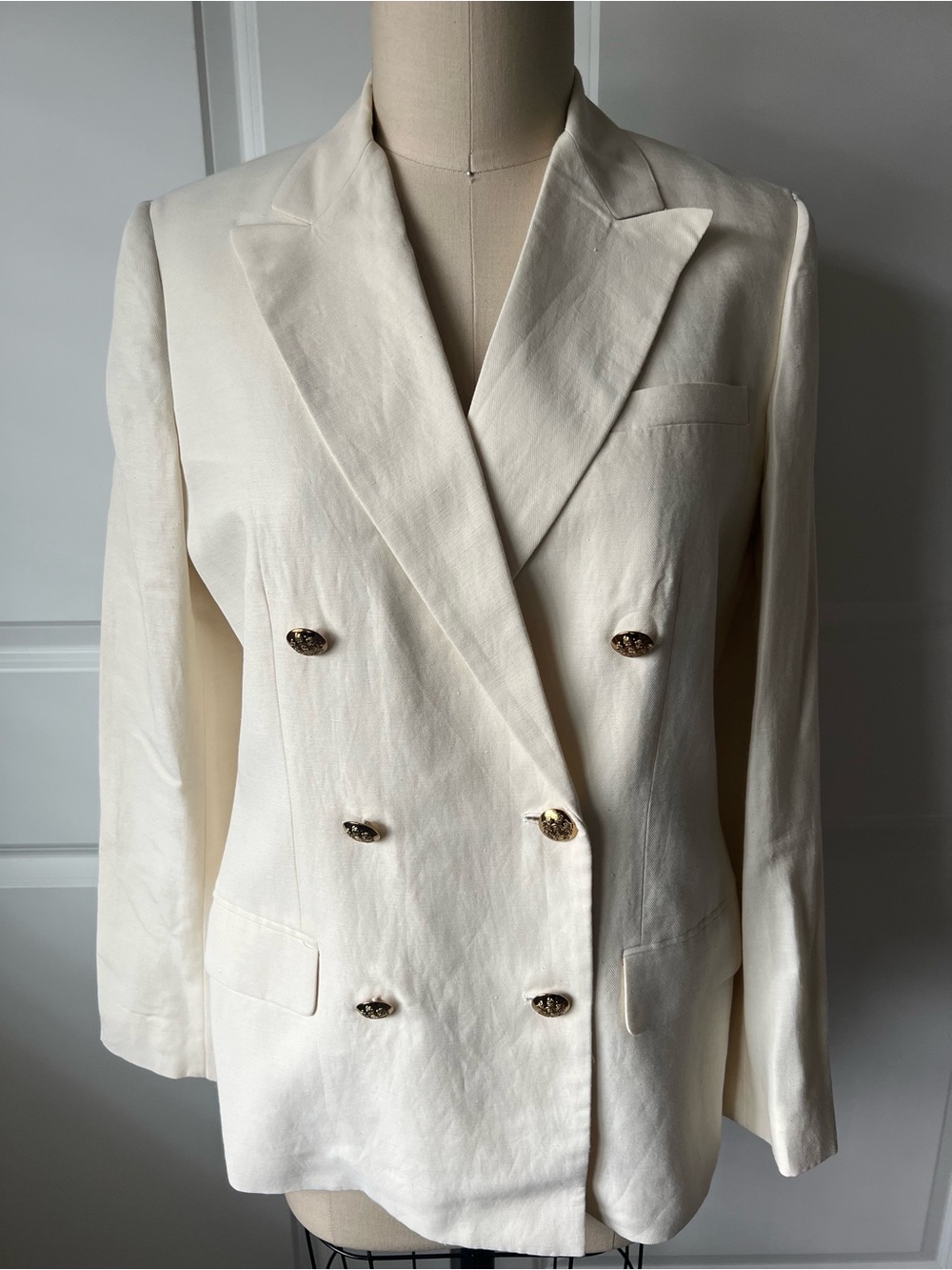 Women's Double-Breasted Cream Linen Blend Blazer Jacket